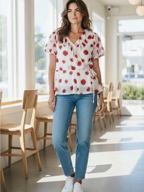 Ember Red Rose Print Wrap Blouse in White